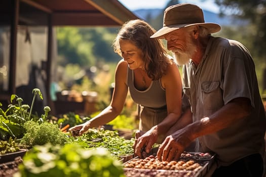 A happy retired couple are engaged in organic farming on their plot. Generative AI. High quality illustration