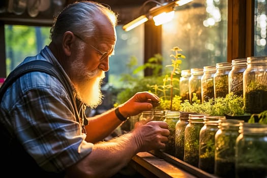A pensioner grows medicinal herbs on personal plots and creates his own first-aid kit. High quality illustration