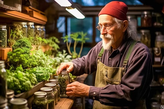 A pensioner grows medicinal herbs on personal plots and creates his own first-aid kit. High quality illustration