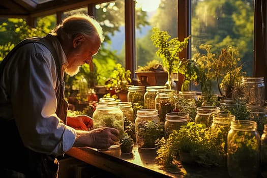 A pensioner grows medicinal herbs on personal plots and creates his own first-aid kit. High quality illustration