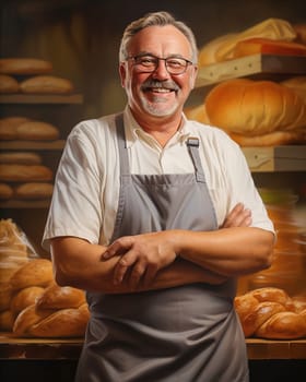 Portrait of a baker in a bakery on the background of bakery products. Generative AI. High quality illustration
