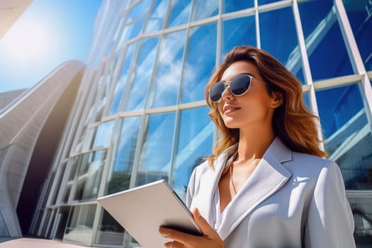 Portrait of a business girl on the street with a notepad. Generative AI. High quality illustration