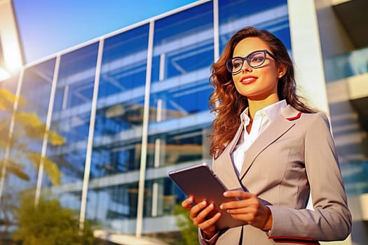 Portrait of a business girl on the street with a notepad. Generative AI. High quality illustration