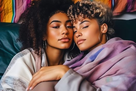Portrait of an African American lesbian couple hugging each other. Generative AI. High quality illustration