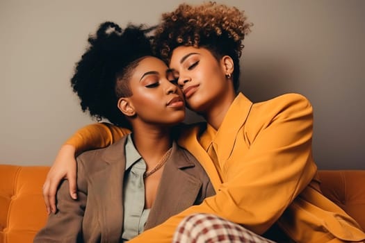 Portrait of an African American lesbian couple hugging each other. Generative AI. High quality illustration