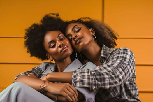 Portrait of an African American lesbian couple hugging each other. Generative AI. High quality illustration