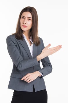 Business woman presenting a copyspace isolated on white background