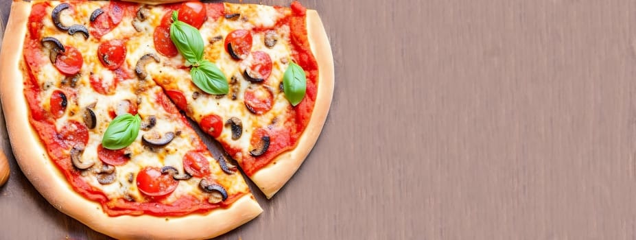 Italian pizza with tomato and mushrooms,copyspace.Generative ai.