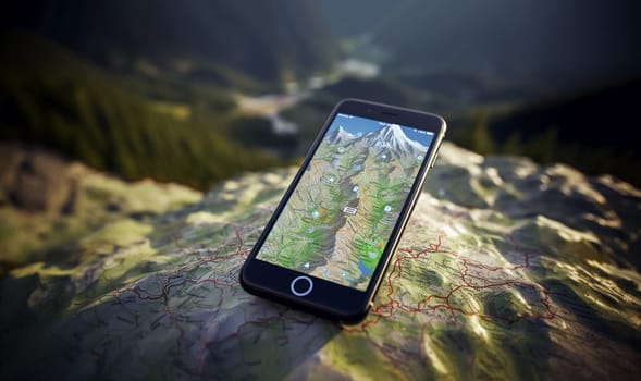 Top view of smartphone lying on a map use for Navigate or GPS. copy space. Empty space for text. technology,maps,mobile concept navigation