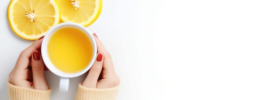 Banner. Top view of female hands holding lemon tea, AI Generated.