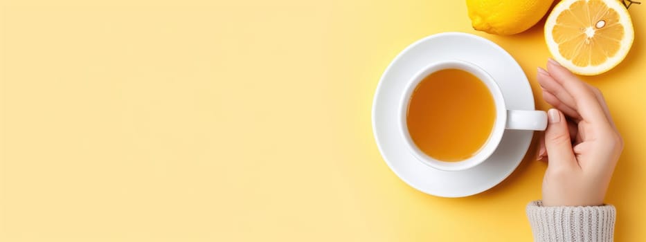 Banner. Top view of female hands holding lemon tea, AI Generated.