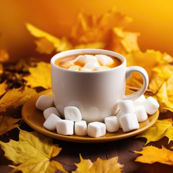 Autumn drinks. Cup of fresh hot cocoa or coffee with autumn leaves and marshmallows, top view flat lay, AI Generated.
