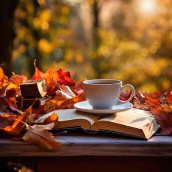 Autumn mood. Cup of black tea on stack of books and autumn leaves , AI Generated .