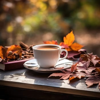 Autumn mood. Cup of black tea on stack of books and autumn leaves , AI Generated .