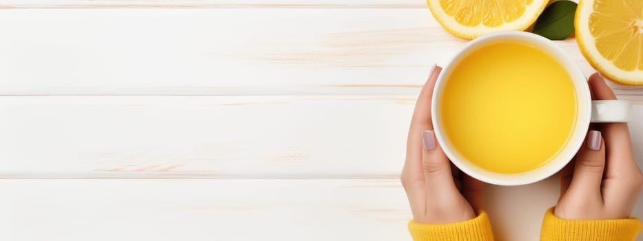 Banner. Top view of female hands holding lemon tea, AI Generated.