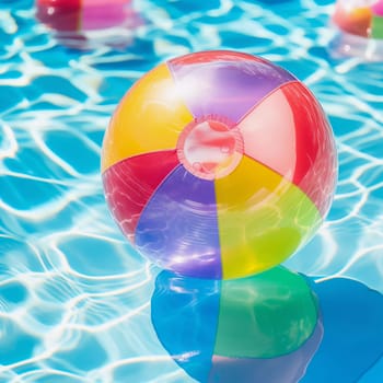 Inflatable Colorful Beach Ball. Floats on the surface of the water in the pool. Summer colorful vacation background.