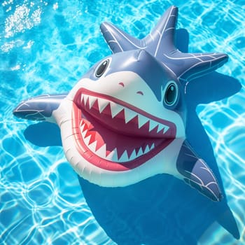 Shark Air Mattress. Floats on the surface of the water in the pool. Summer colorful vacation background.