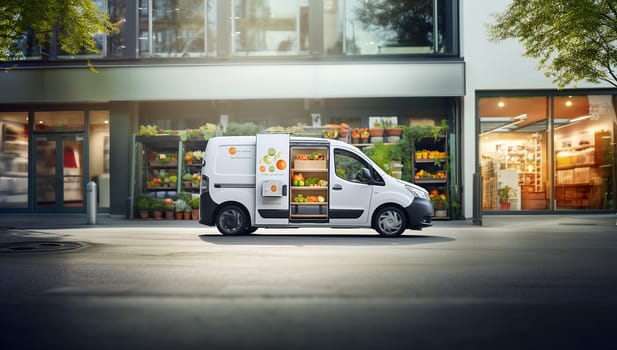 Fast delivery service car driving with order business background concept. Home delivery fresh vegetables in basket. food delivery service. groceries box service with copy space.