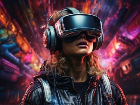 Woman wearing a VR headset, futuristic virtual world, digital art illustration and colorful, neon light in the background. Generative AI.