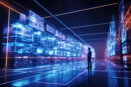 A businessman looking at the virtual interface panel of the global logistics network for distribution and transportation, Smart Logistics. Generative AI.