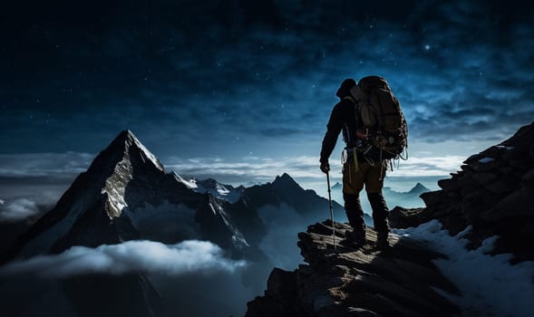 Hikers climber walking in the mountains by night, mountaineers trekking in the cold night. Team of hiker climbers with beautiful galaxy starry sky copy space