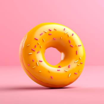 On a pink background lies a donut with yellow glaze. Minimalism.