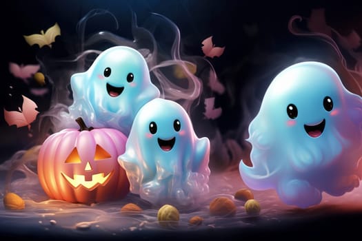 Cute Halloween ghosts with beautiful kind pumpkins in delicate colors. High quality photo