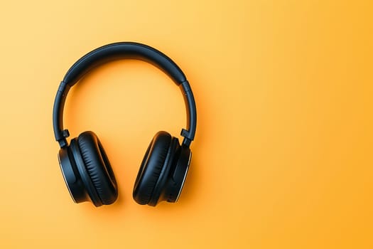 Minimalism - black headphones lie on a yellow background. Mockup.