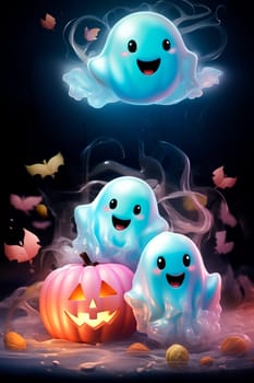 Cute Halloween ghosts with beautiful kind pumpkins in delicate colors. High quality photo