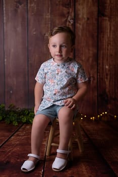 Portrait of sitting boy, isolated on wooden background.
