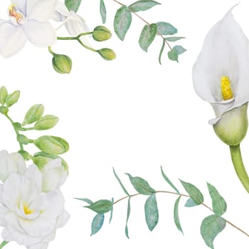 Watercolor clipart of white calla lily, freesia flowers and eucalipt. Hand drawn floral illustration for wedding invitations, floristic salons, cosmetics, beauty. Isolated tropical water arum for greetings, prints, posters