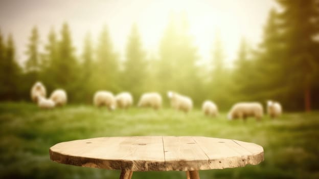 The empty wooden brown table top with blur background of sheep pasture. Exuberant image.