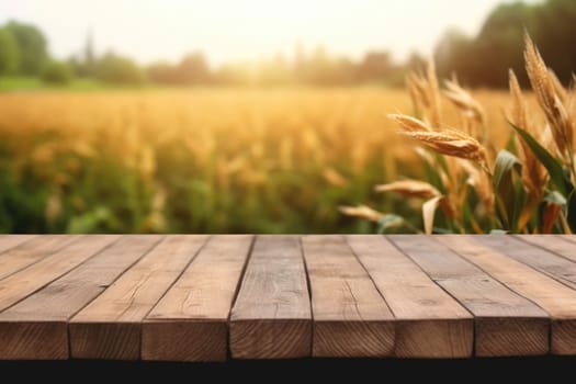 The empty wooden brown table top with blur background of corn field. Exuberant image.