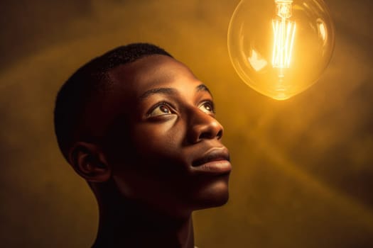 bright light bulb floating above of young african man's head. beautiful Generative AI AIG32