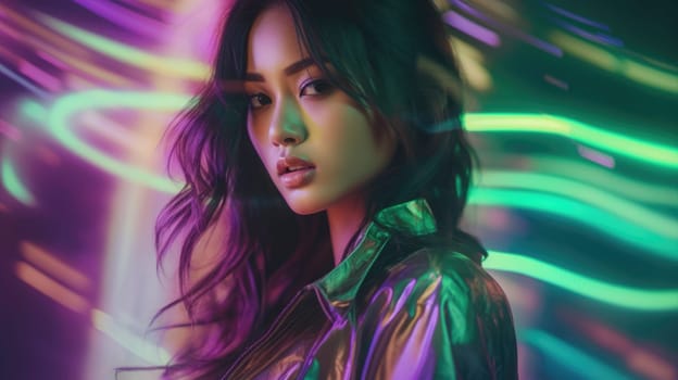Beautiful model with colorful and trendy outfit with glowing purple green neon light, colorful dyed hair and fashionable asian glitch core teenager girl. Picturesque generative AI