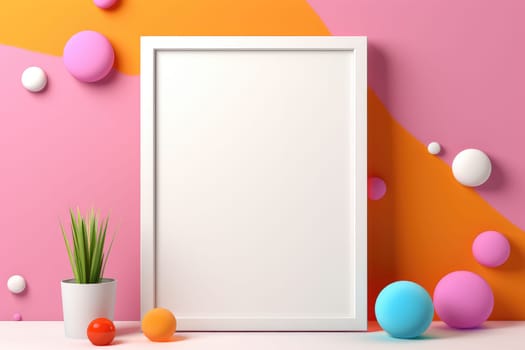 Blank mockup photo frame on colorful wall with decorations, AI Generated . High quality illustration