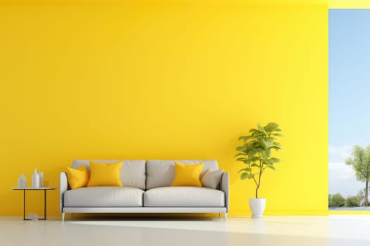 Colorful minimal interior, couch and plant on yellow wall , AI Generated . High quality photo