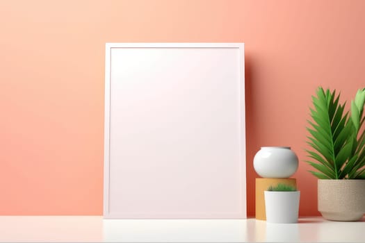 Blank mockup photo frame on colorful wall with decorations, AI Generated . High quality illustration