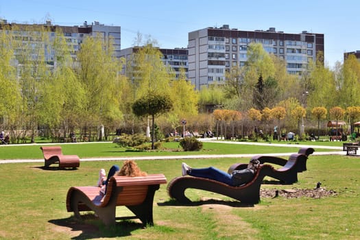 Moscow, Russia - May 11. 2021. Recreation area with a sun loungers in Zelenograd