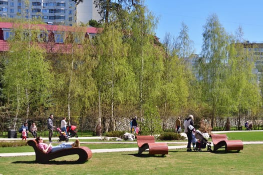 Moscow, Russia - May 11. 2021. Recreation area with a sun loungers in Zelenograd