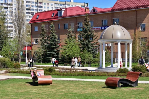 Moscow, Russia - May 11. 2021. Recreation area with a sun loungers in Zelenograd