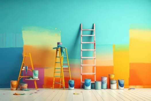 Painted walls, ladders and Paint can with colorful paints. AI Generated. High quality illustration