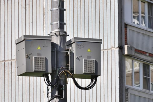 Moscow, Russia - May 14. 2021. Base stations for cellular networks on pole