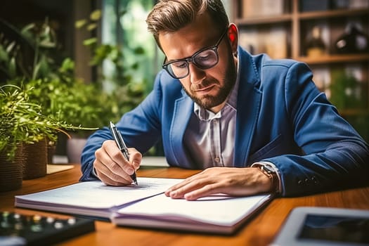 Portrait of a male leader at a desk in his office. Generative AI. High quality illustration