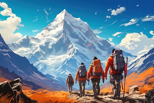 A group of climbers climb the mountains in winter. Generative AI. High quality illustration