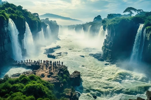 A group of tourists looks at the waterfall. Generative AI. High quality illustration