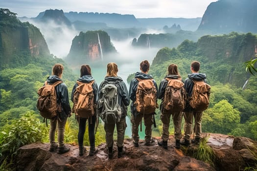 A group of tourists looks at the waterfall. Generative AI. High quality illustration