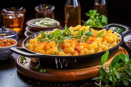 Baked macaroni and cheese in a cast iron skillet with a fried crust. Generative AI. High quality illustration