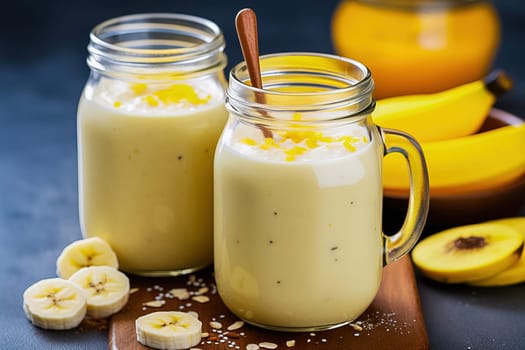 Breakfast smoothie from bananas in glass jars. Generative AI. High quality illustration