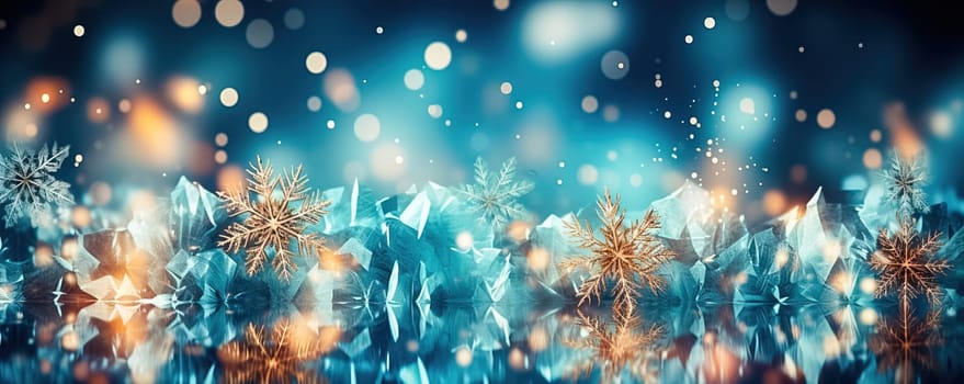 Winter Christmas blue background with fir trees, with snow and snowflakes. Generative AI. High quality illustration